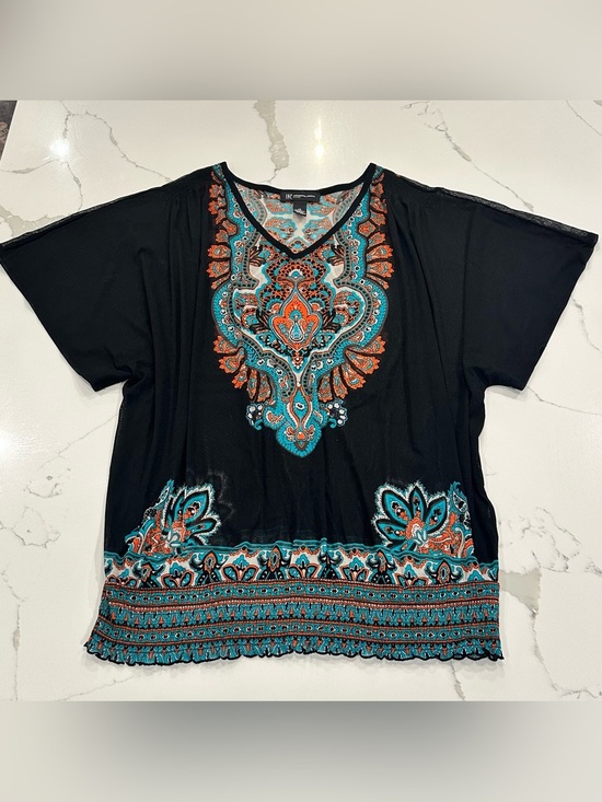 INC International Concepts Tops - INC International Concepts Black Tunic Top with Turquoise & Orange Embroidery